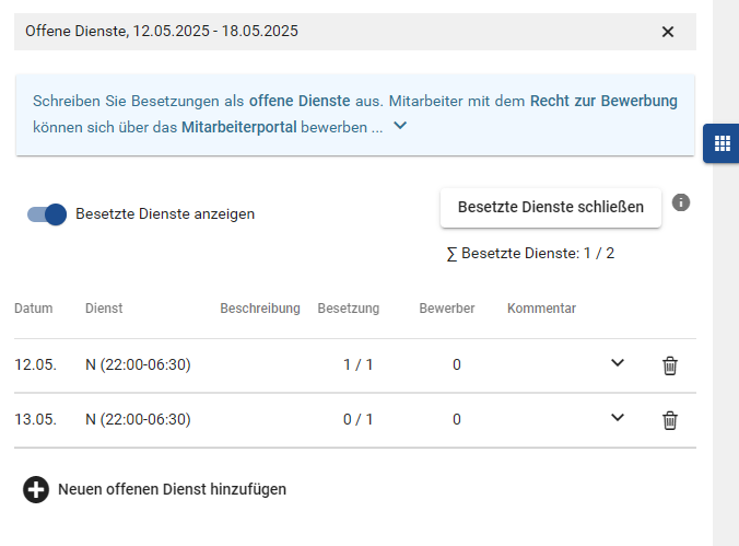 Button Besetzte Dienste schließen im offene Dienste Dialog