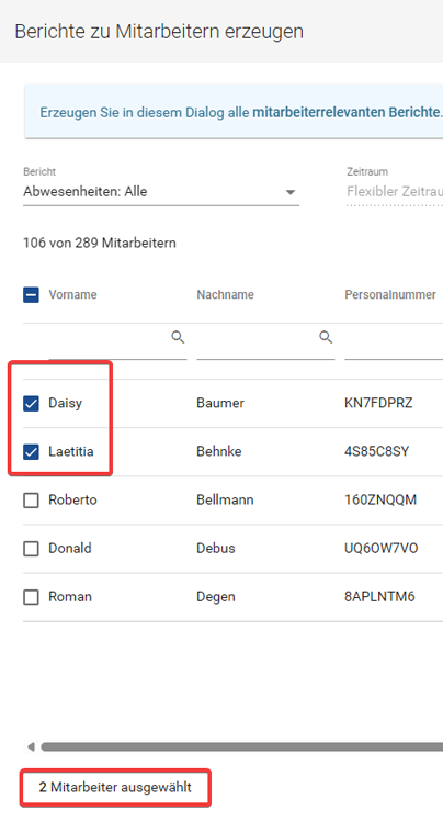 Selektion von Mitarbeitern vor Berichtserstellung