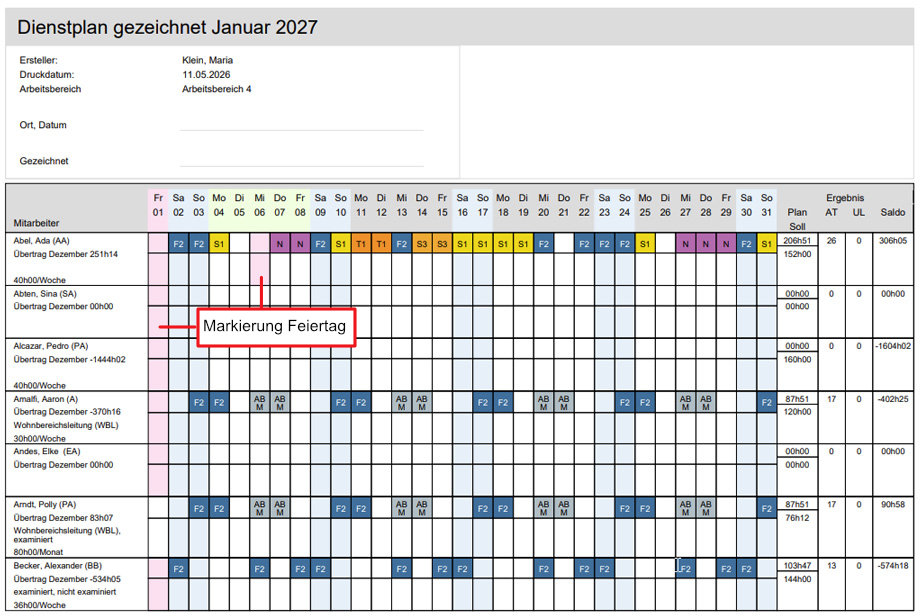 Im PDF-Dienstplanbericht werden Zellen, die Feiertage repräsentieren, farblich markiert.