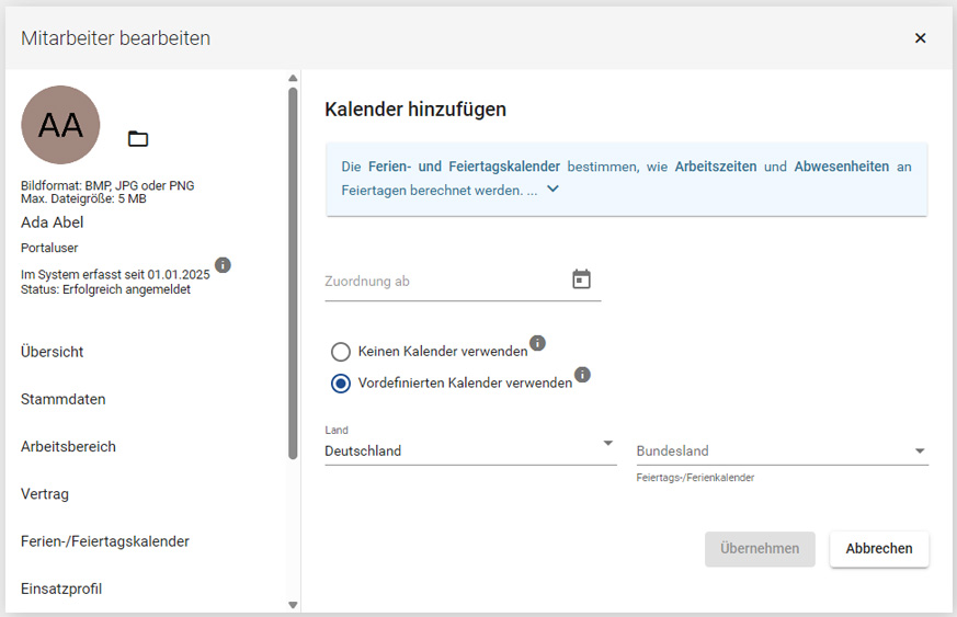 Über den Personaldatendialog dem Mitarbeiter einen Kalender hinzufügen