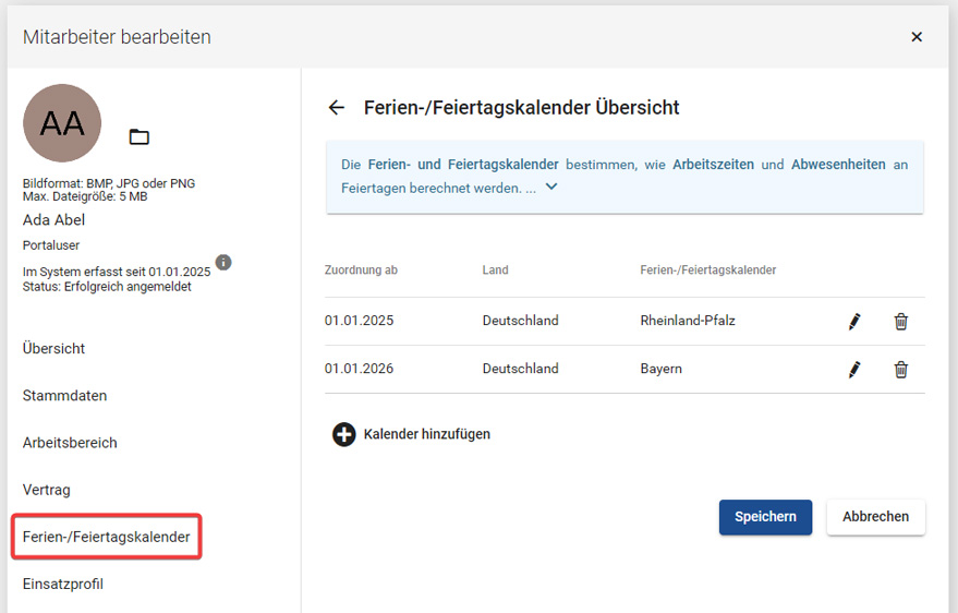 Personaldaten Dialog, um die Daten des Mitarbeiters zu bearbeiten